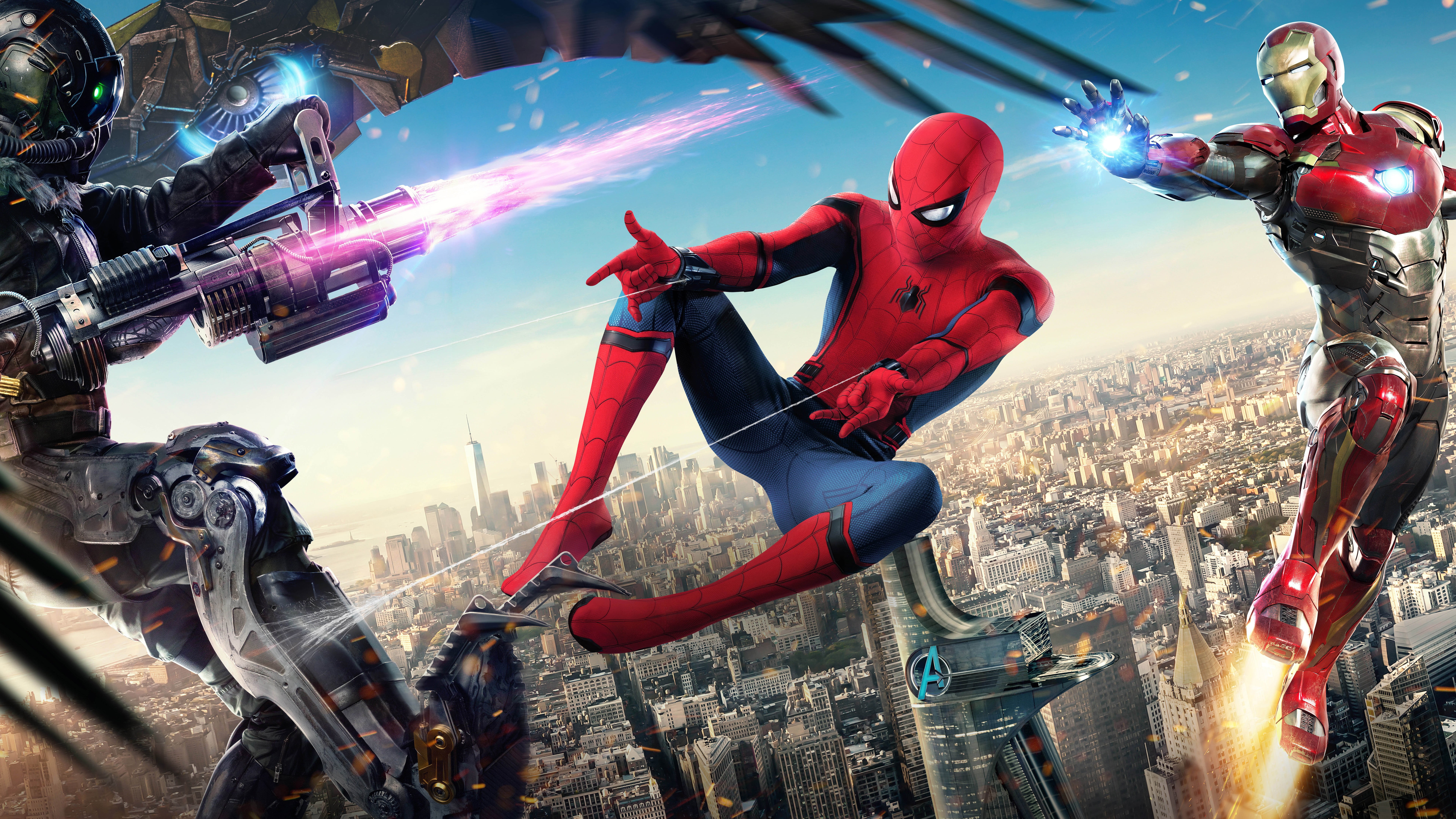 Spider-Man and Iron Man wallpaper, Spider-Man: Homecoming (2017), Iron Man, cityscape, Spider-Man