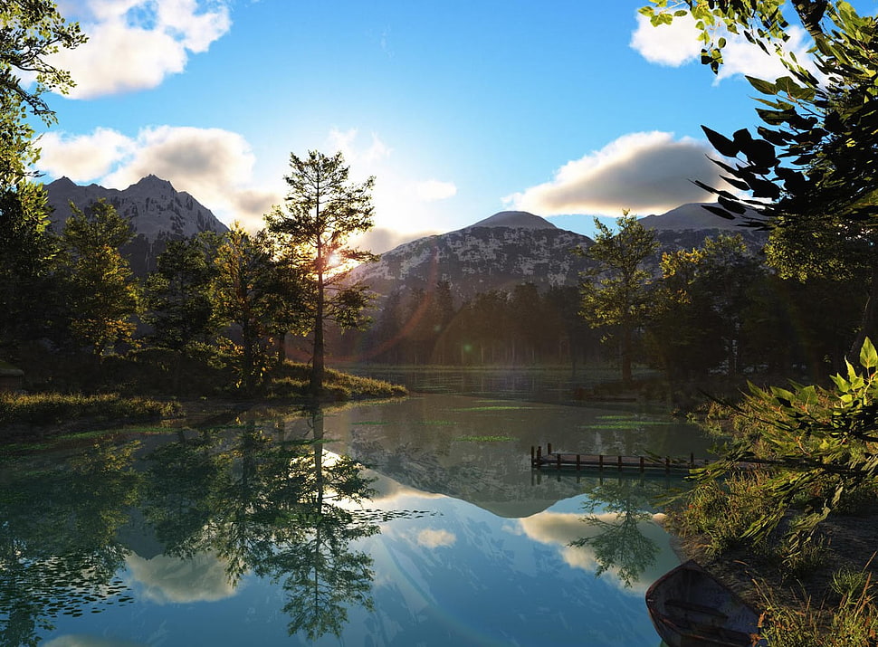 green leafed trees, lake, reflection, mountains, nature HD wallpaper