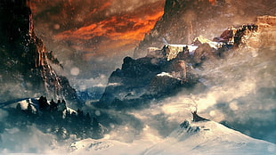 brown mountains covered with snow digital wallpaper, fantasy art, landscape, mountain pass, snow