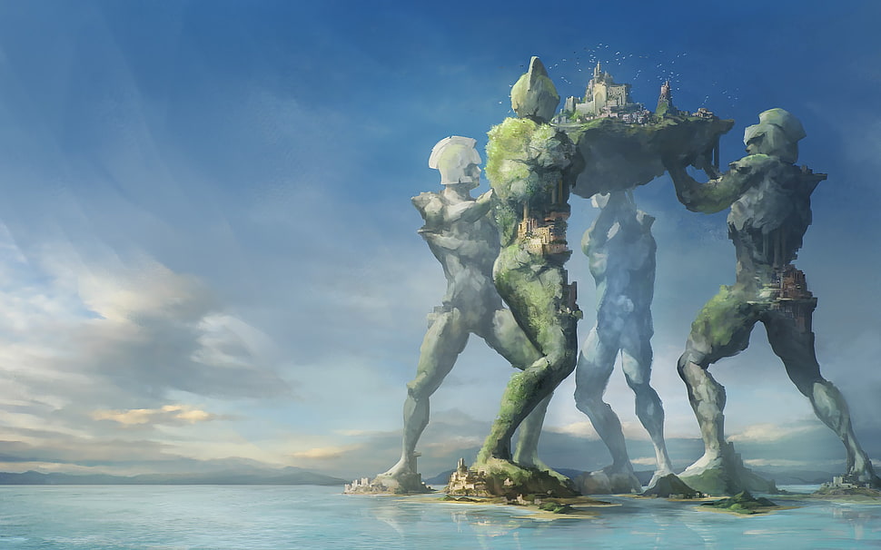 four titans lifting island digital wallpaper HD wallpaper