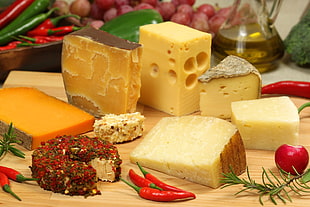 assorted type of cheese lot on beige wooden cheese board HD wallpaper