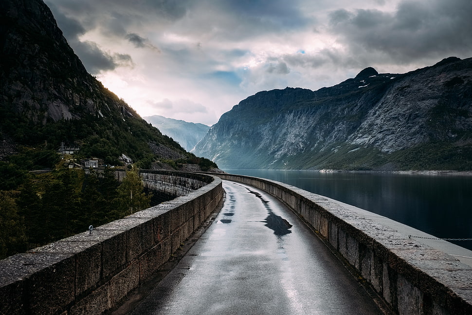 gray concrete bridge, nature, water, mountains, road HD wallpaper