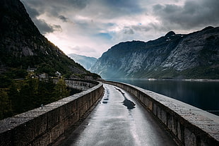 gray concrete bridge, nature, water, mountains, road
