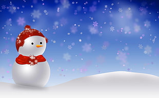 snowman with red cap and scarf under snow flakes