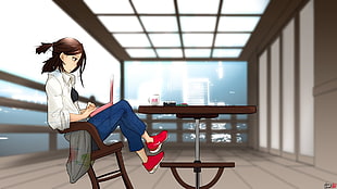 woman animated character sitting on chair illustration