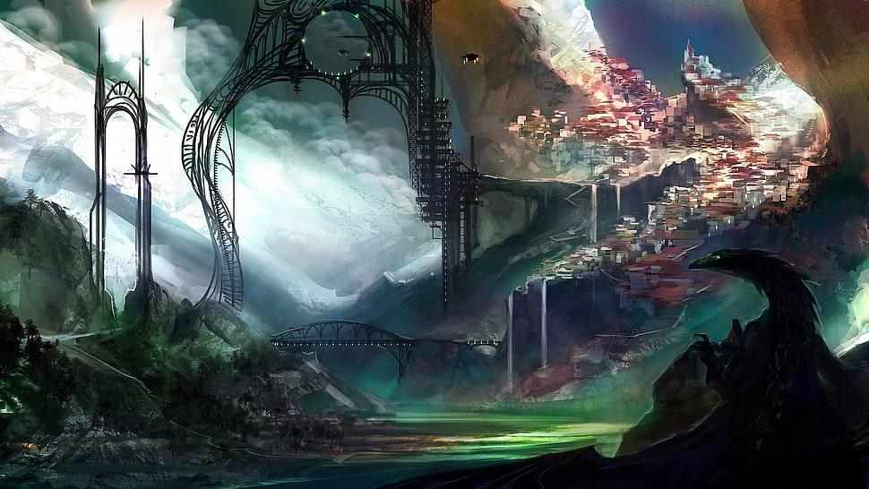 bridge near mountain illustration, fantasy art HD wallpaper