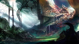 bridge near mountain illustration, fantasy art