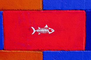 red fish skeleton print brick HD wallpaper