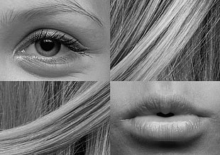 gray scale photo of woman's eye, hair, and lips HD wallpaper