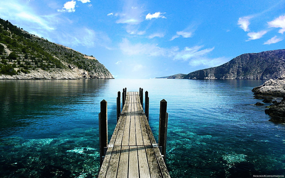 brown wooden walking dock, landscape, sea HD wallpaper