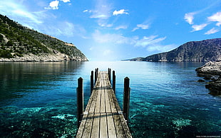 brown wooden walking dock, landscape, sea