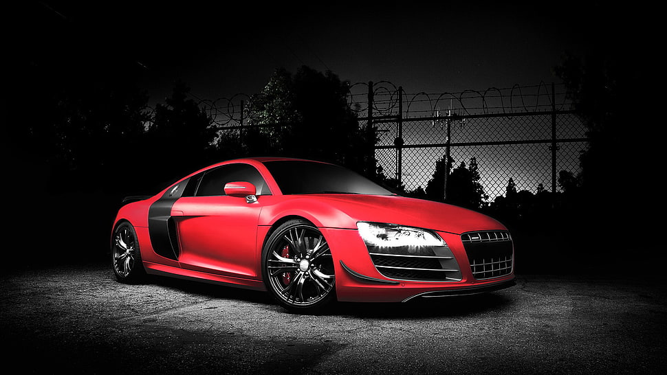 selective color photo of red Audi R8 wallpaper HD wallpaper