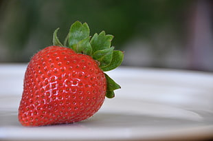 macro shot of strawberry on white ceramic plate, strawberries