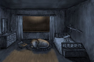 animal sleeping on rug near bed illustration, rain, artwork