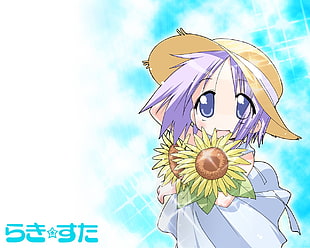 female anime character holding sunflowers digital wallpaper