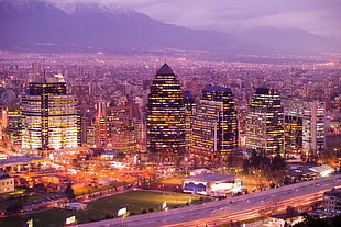 aerial photography of city buildings at nighttime, cityscape, Santiago de Chile HD wallpaper