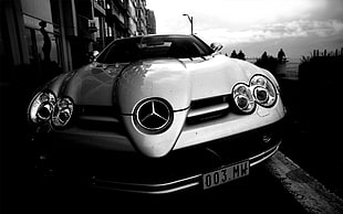 silver Mercedes-Benz car, Mercedes-Benz, car, monochrome, McLaren