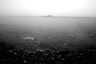 areal photo of village, monochrome, building, mist