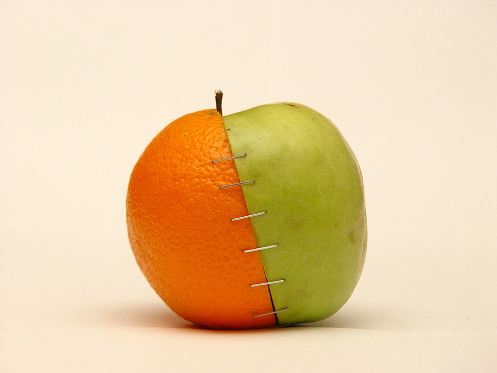 half of orange and green apple stapled together HD wallpaper