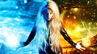 woman holding fire and ice digital wallpaper