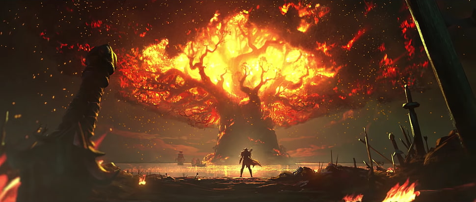knight standing in the middle of burning tree illustration, Sylvanas Windrunner, fire, Warbringers, World of Warcraft HD wallpaper