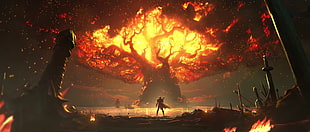 knight standing in the middle of burning tree illustration, Sylvanas Windrunner, fire, Warbringers, World of Warcraft