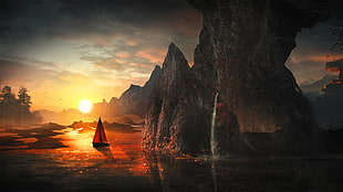 sailing boat near spike cliff on body of water, digital art, boat, mountains, rock