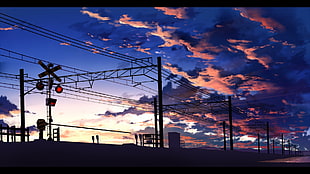 street posts, anime, train station, power lines, clouds