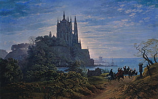 castle surrounded by body of water, painting, carriage, horse, coast