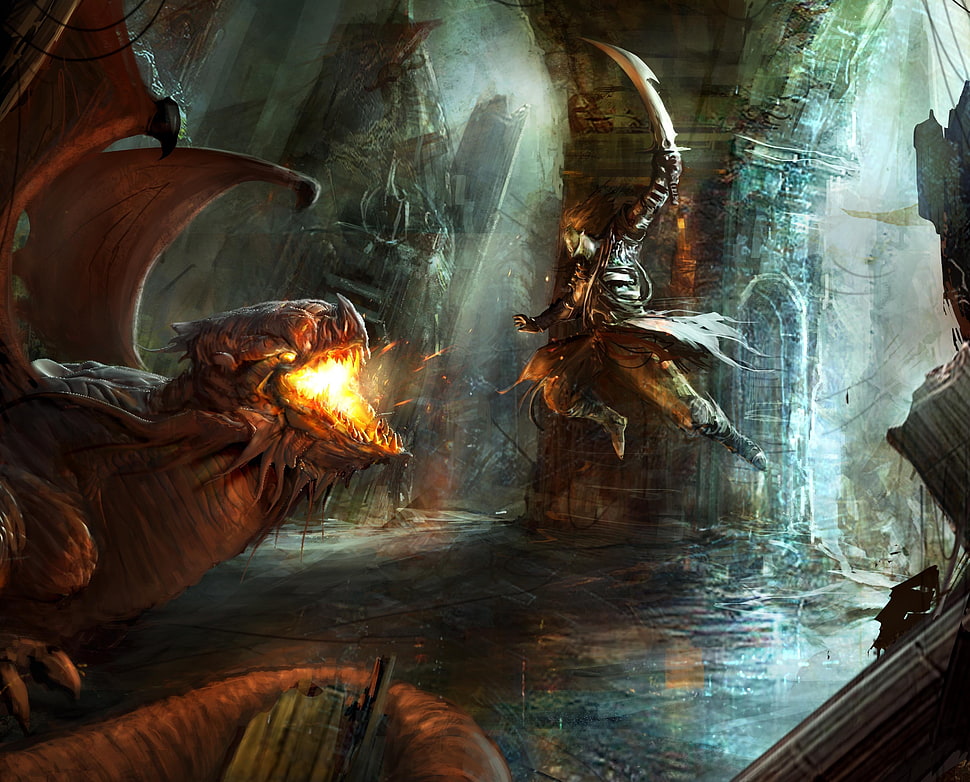 dragon and warrior graphic wallpaper, warrior HD wallpaper