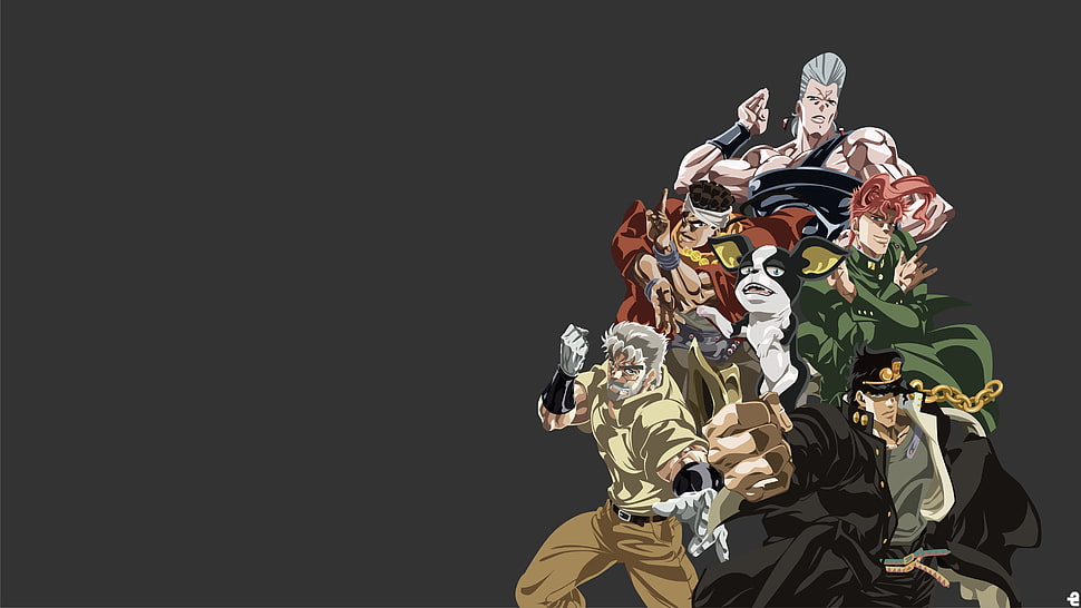 cartoon character poster, JoJo's Bizarre Adventure, Jotaro Kujo, Noriaki Kakyoin, Joseph Joestar HD wallpaper