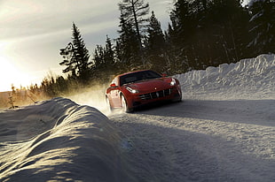 red car on snowy road, Ferrari FF, car, sports car, snow