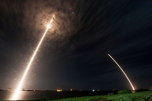 green grass field, photography, SpaceX, night