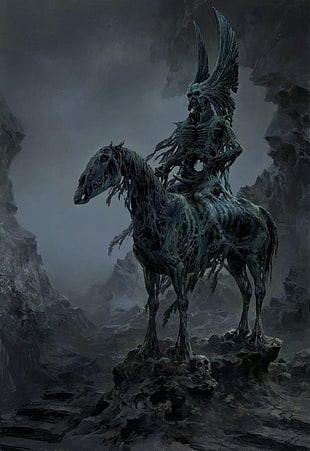 skeleton man and horse graphic wallpaper, fantasy art, drawing, death, horse