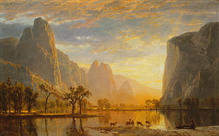 trees near mountains and body of water illustration