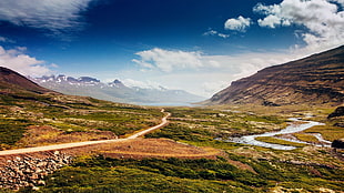 river and road, landscape, road, mountains, clouds