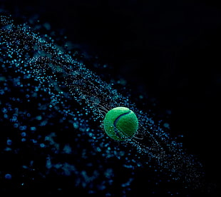 green tennis ball, tennis balls, water drops, spiral, depth of field HD wallpaper