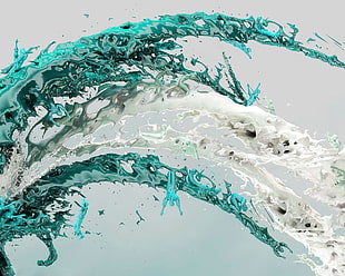 teal and gray water splash, digital art, liquid