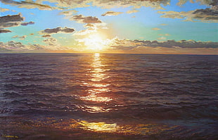 blue water beach, water, sunset, waves, classic art HD wallpaper