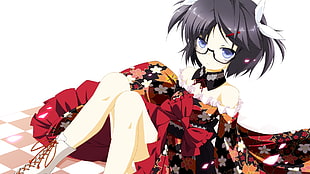 black haired girl wearing black and red floral gown anime poster