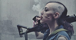 women's blue denim collared sleeveless top and black assault rifle, women, Tank Girl, gun, girls with guns