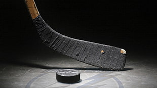 black hockey stick and puck, ice hockey, Hockey
