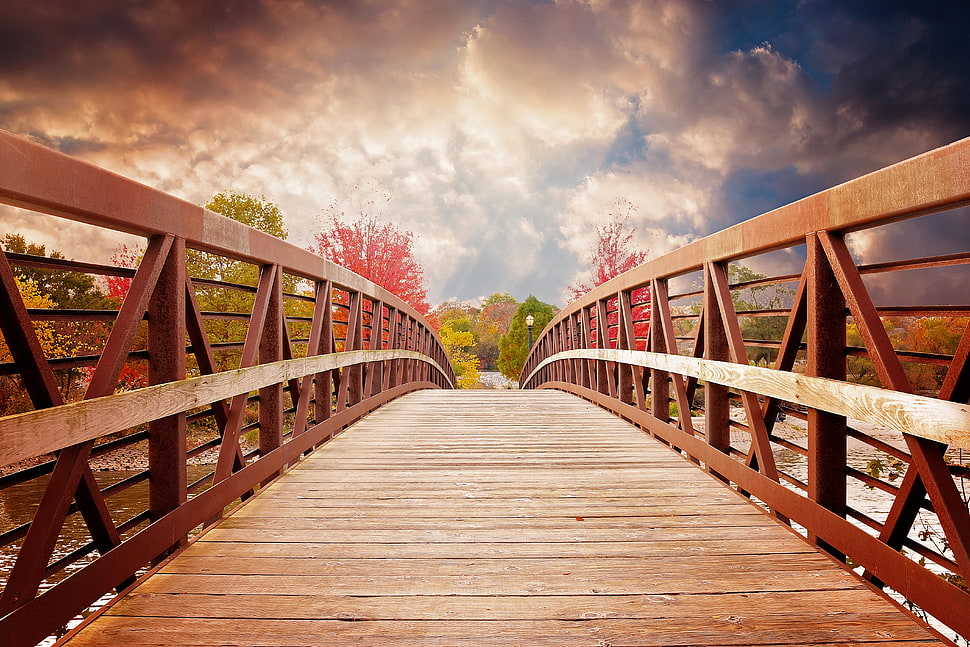 brown wooden bridge HD wallpaper