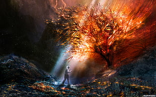 illustration of man standing in front of tree, fantasy art, artwork, trees, landscape