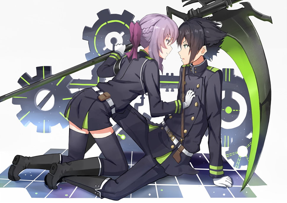 girl and boy illustration, Hyakuya Yuuichirou, Hiiragi Shinoa, Owari No Seraph HD wallpaper