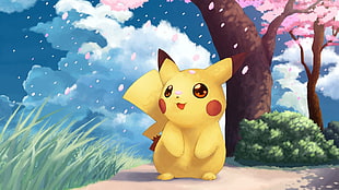 Pikachu under peach tree painting