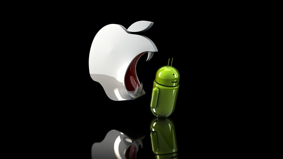 Android and Apple logo, Apple Inc., Android (operating system), render, 3D HD wallpaper
