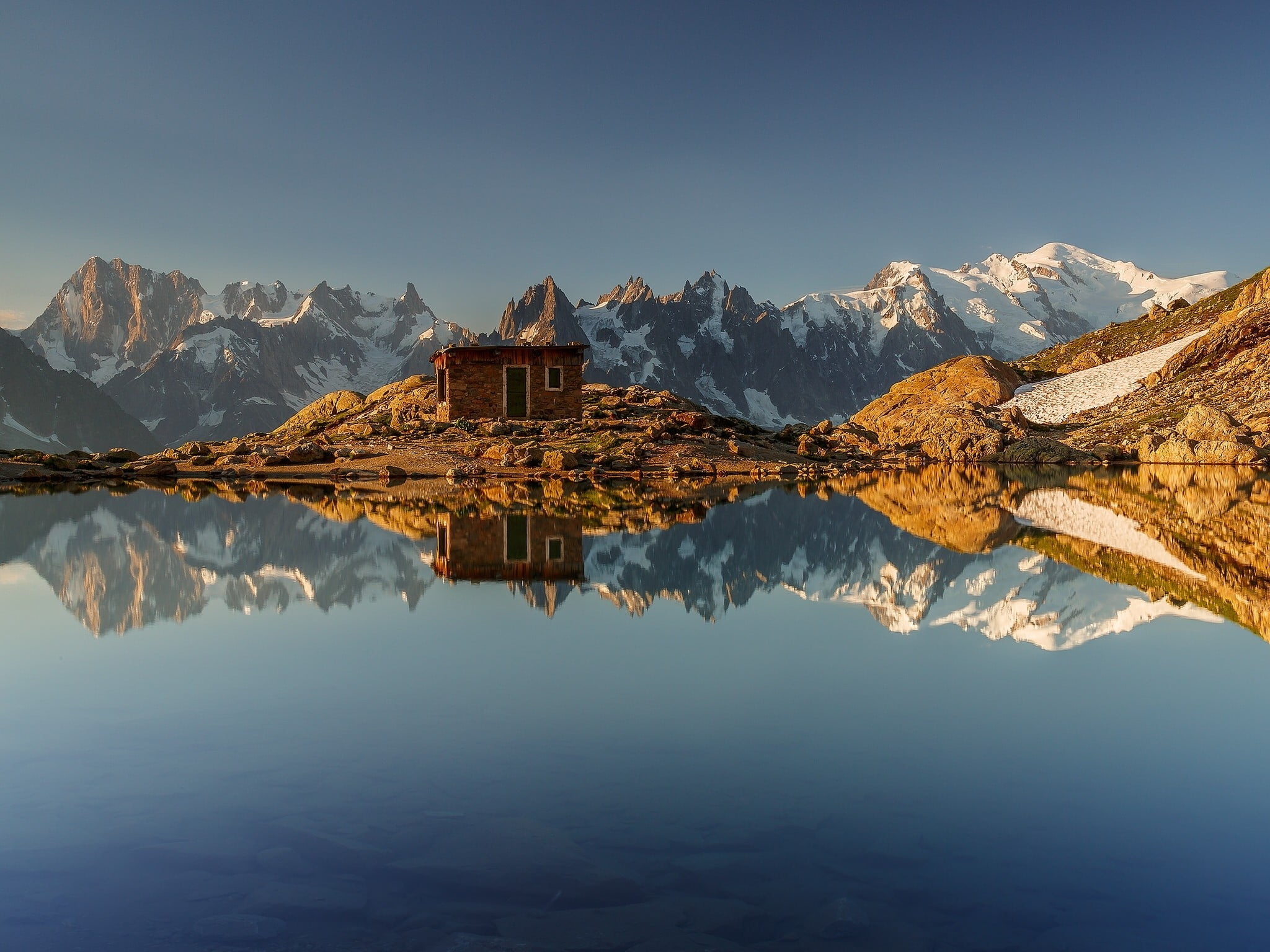 brown brick building, lake chamonix, nature, lake