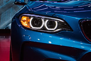 blue car, car, BMW, M2, Headlights