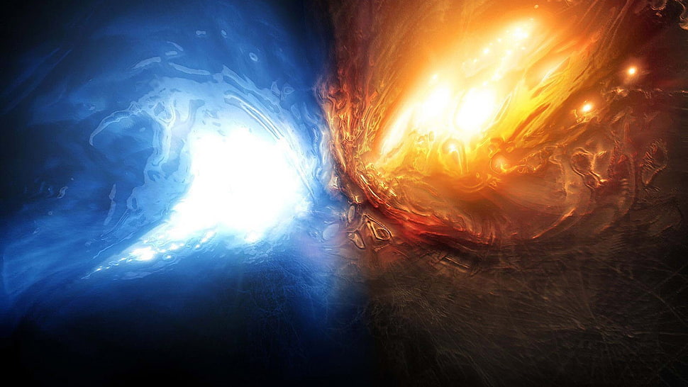 blue and red digital wallpaper, space, fire, ice HD wallpaper